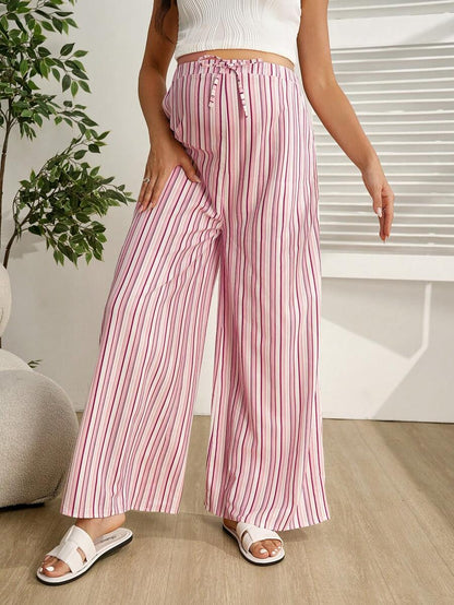 Pink Striped Wide Leg Maternity Pants – Ultra High Waist Cropped Drawstring Trousers with Pockets & Knot Detail for Casual Daily Wear