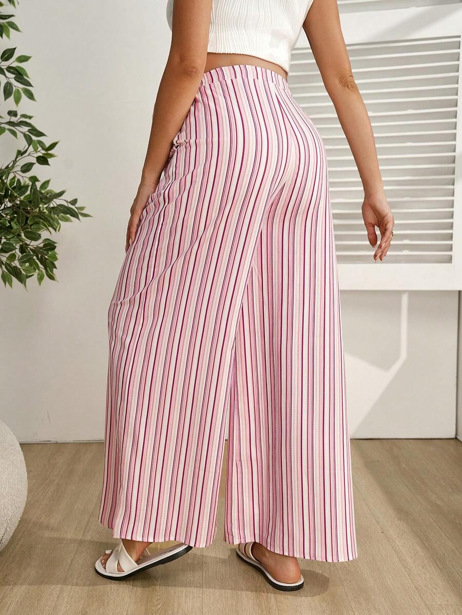 Pink Striped Wide Leg Maternity Pants – Ultra High Waist Cropped Drawstring Trousers with Pockets & Knot Detail for Casual Daily Wear