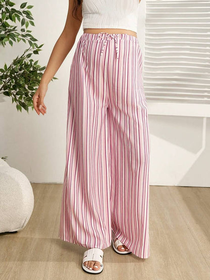 Pink Striped Wide Leg Maternity Pants – Ultra High Waist Cropped Drawstring Trousers with Pockets & Knot Detail for Casual Daily Wear