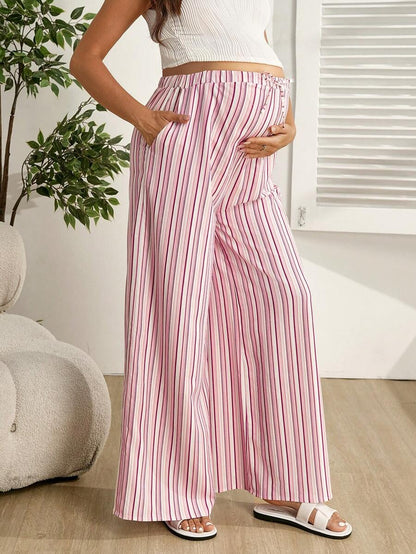 Pink Striped Wide Leg Maternity Pants – Ultra High Waist Cropped Drawstring Trousers with Pockets & Knot Detail for Casual Daily Wear
