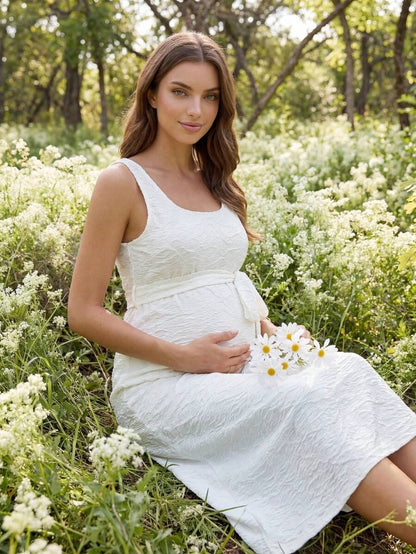 Off-White Boho Maternity Midi Dress - Textured Slim Fit Sleeveless Scoop Neck Dress for Country Concerts & Summer Vacations