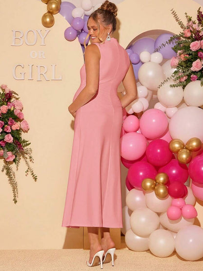Maternity Elegant High Neck Sleeveless A-Line Dress Slim Fit Knitted Solid Blue Maxi Dress for Night Out and Formal Events