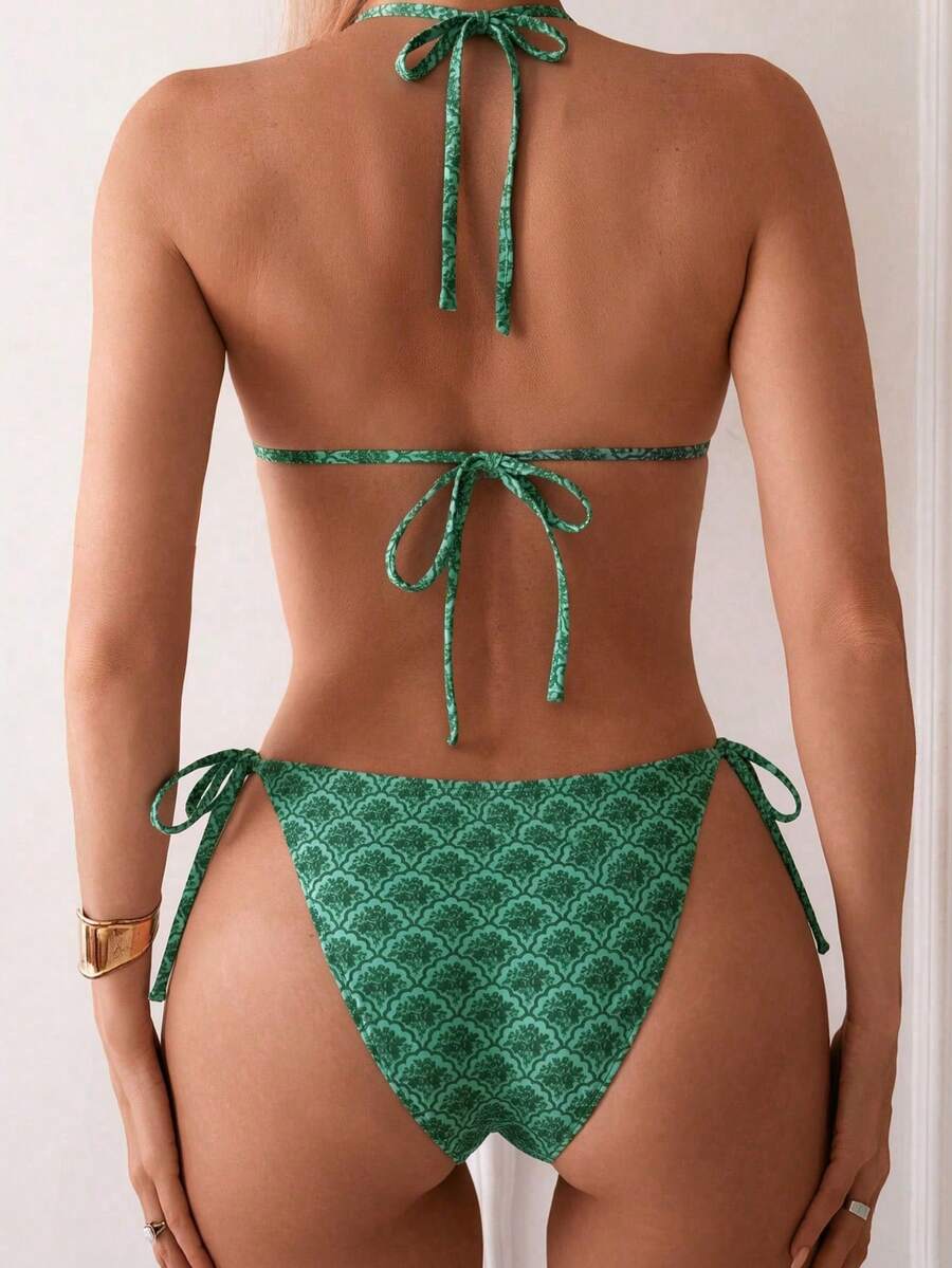 Women's 2-Piece Patchwork Bikini Set - Deep V Halter Tie, Triangle Cup, Multicolor