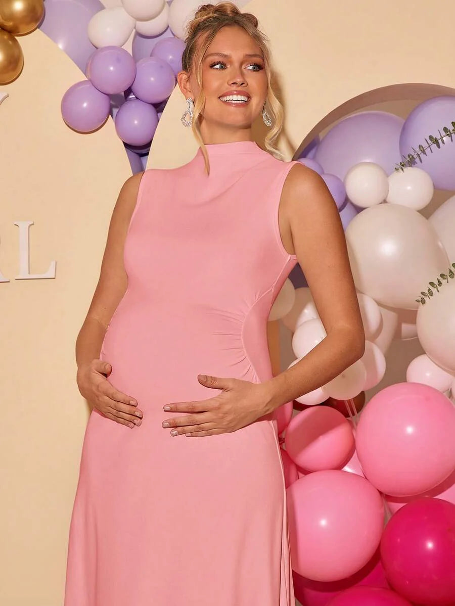 Maternity Elegant High Neck Sleeveless A-Line Dress Slim Fit Knitted Solid Blue Maxi Dress for Night Out and Formal Events