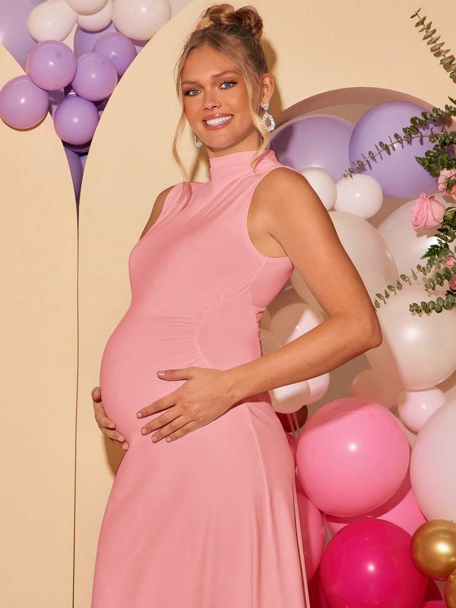 Maternity Elegant High Neck Sleeveless A-Line Dress Slim Fit Knitted Solid Blue Maxi Dress for Night Out and Formal Events
