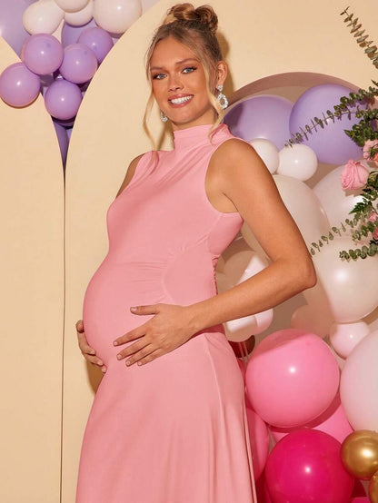 Maternity Elegant High Neck Sleeveless A-Line Dress Slim Fit Knitted Solid Blue Maxi Dress for Night Out and Formal Events