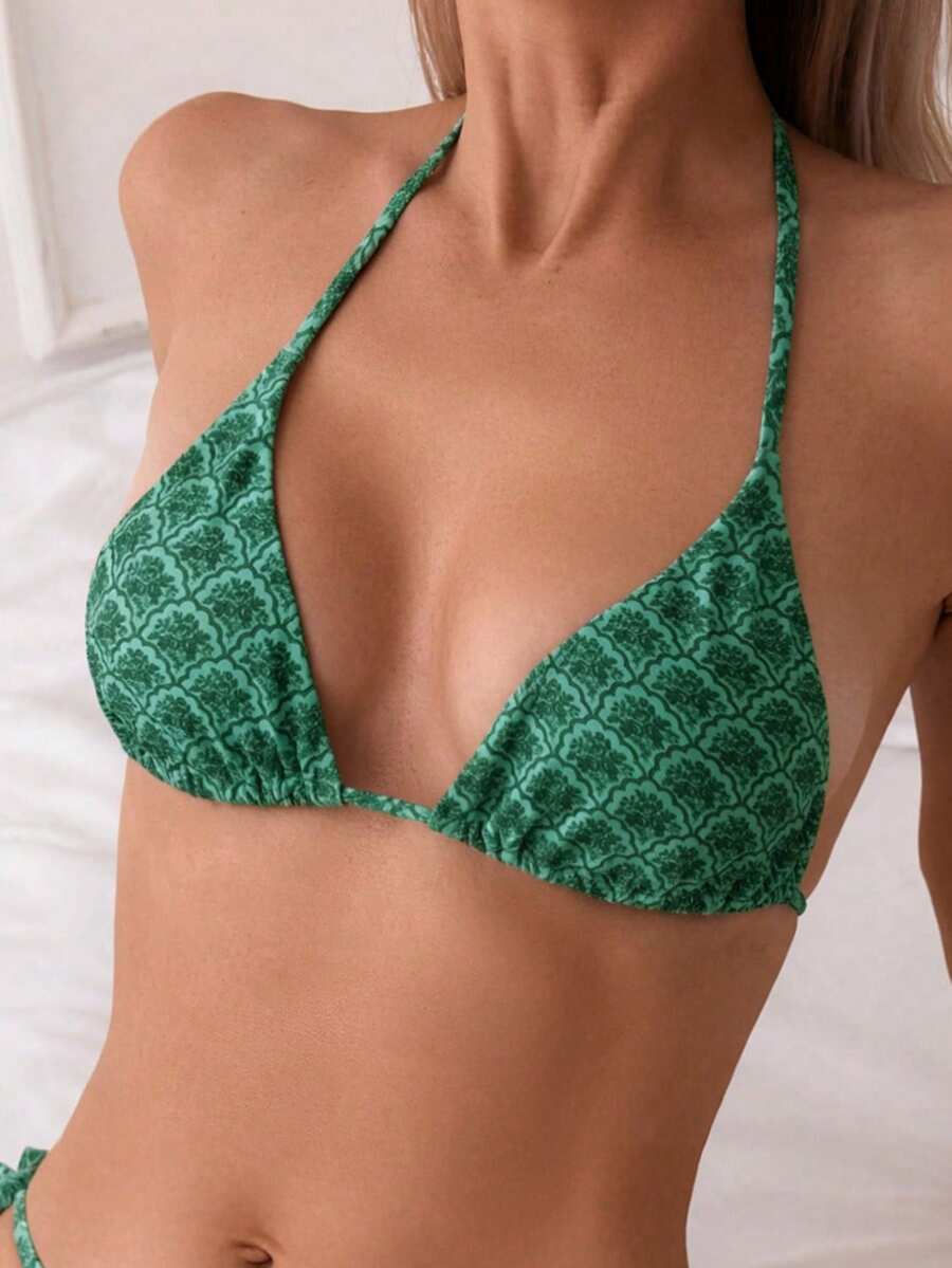 Women's 2-Piece Patchwork Bikini Set - Deep V Halter Tie, Triangle Cup, Multicolor