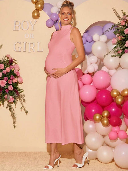 Maternity Elegant High Neck Sleeveless A-Line Dress Slim Fit Knitted Solid Blue Maxi Dress for Night Out and Formal Events