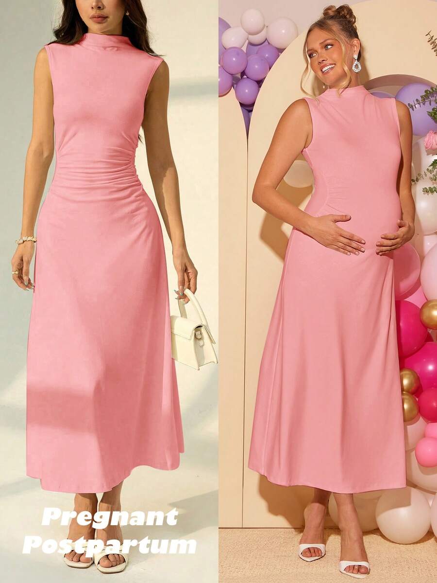 Maternity Elegant High Neck Sleeveless A-Line Dress Slim Fit Knitted Solid Blue Maxi Dress for Night Out and Formal Events