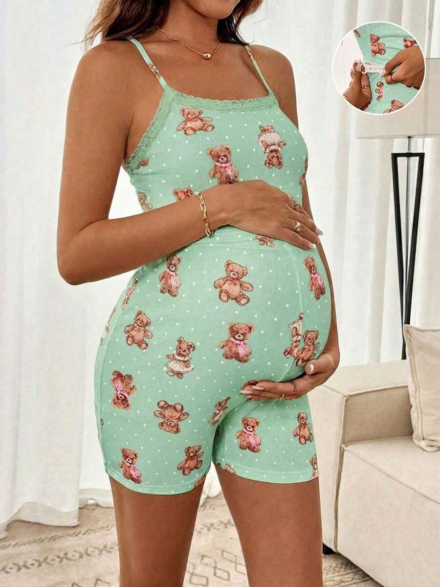 2-Piece Maternity Pajama Set – Bear Print Camisole & Shorts