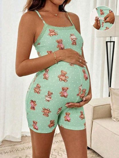 Maternity 2 Piece Contrast Lace Cute Bear Camisole and Adjustable Waist Shorts Set Slim Fit Knitted Casual Summer Beach Outfit