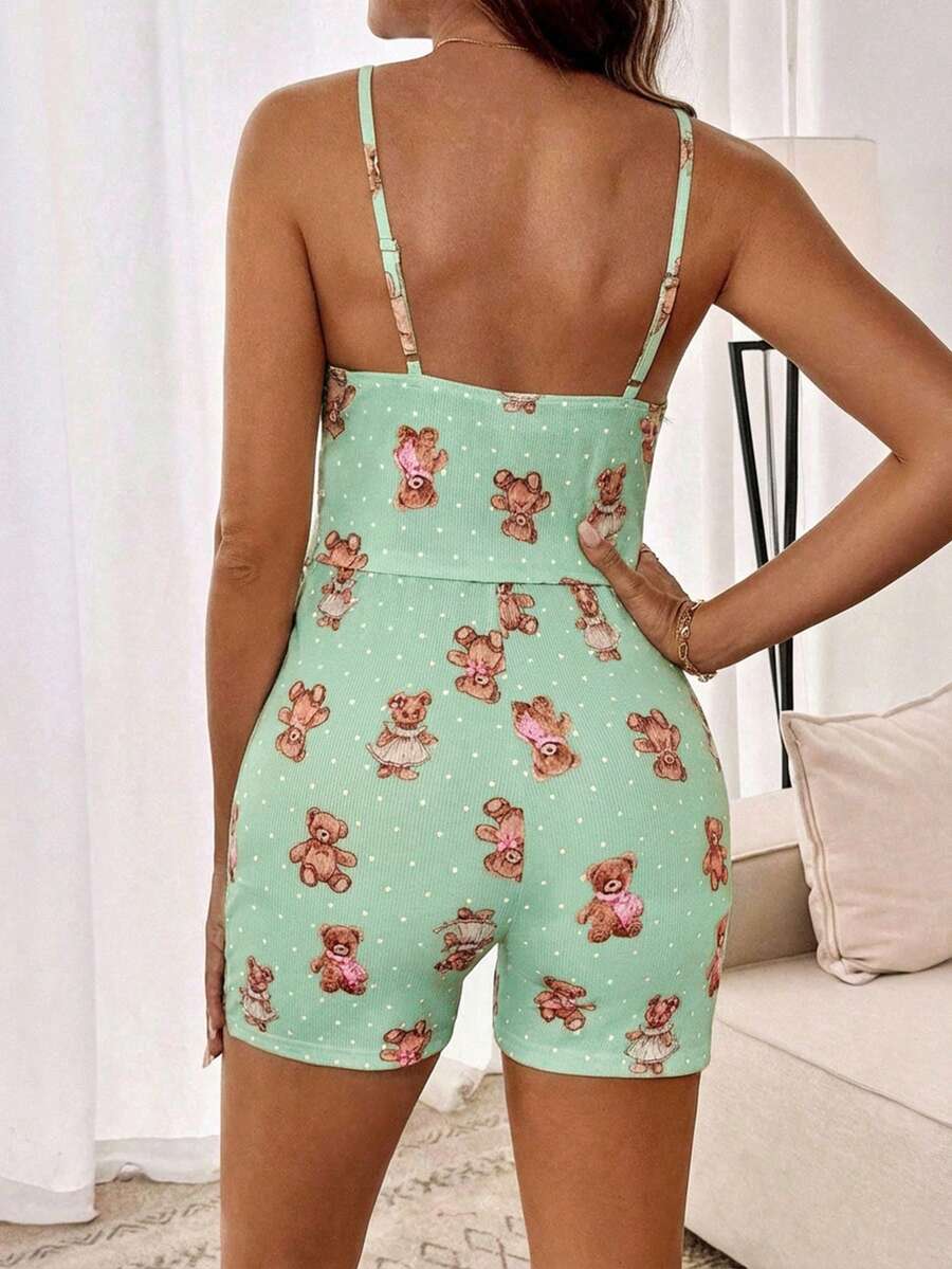 Teddy Bear & Polka Dot Print Maternity 2-Piece Cami Set - Lace Trim Ruffle Crop Top & Shorts Set with Cold Shoulder Detail
