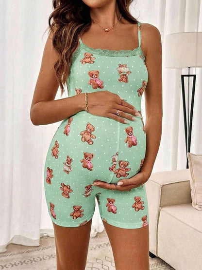 Teddy Bear & Polka Dot Print Maternity 2-Piece Cami Set - Lace Trim Ruffle Crop Top & Shorts Set with Cold Shoulder Detail