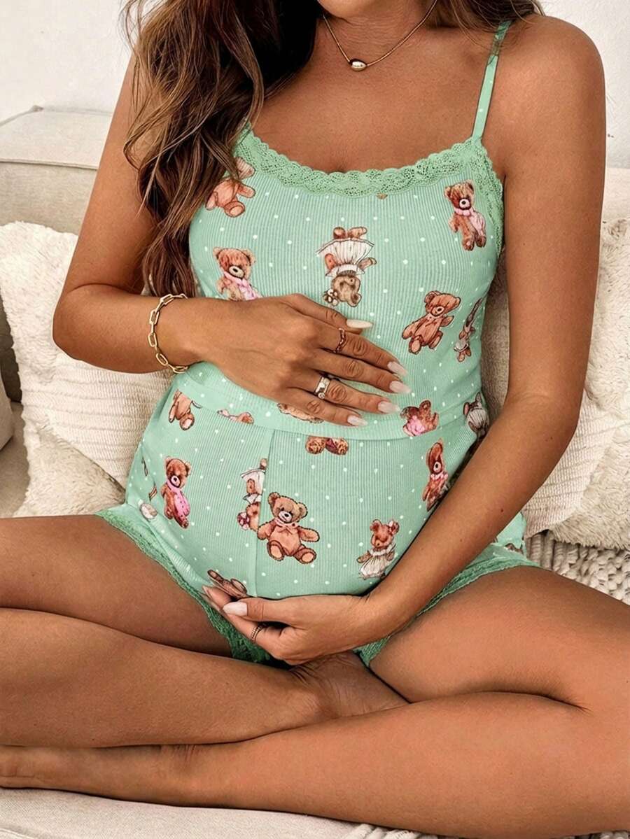 Maternity 2 Piece Contrast Lace Cute Bear Camisole and Adjustable Waist Shorts Set Slim Fit Knitted Casual Summer Beach Outfit