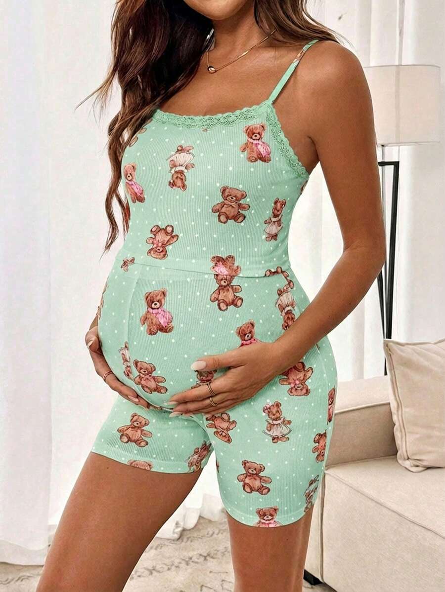 Teddy Bear & Polka Dot Print Maternity 2-Piece Cami Set - Lace Trim Ruffle Crop Top & Shorts Set with Cold Shoulder Detail