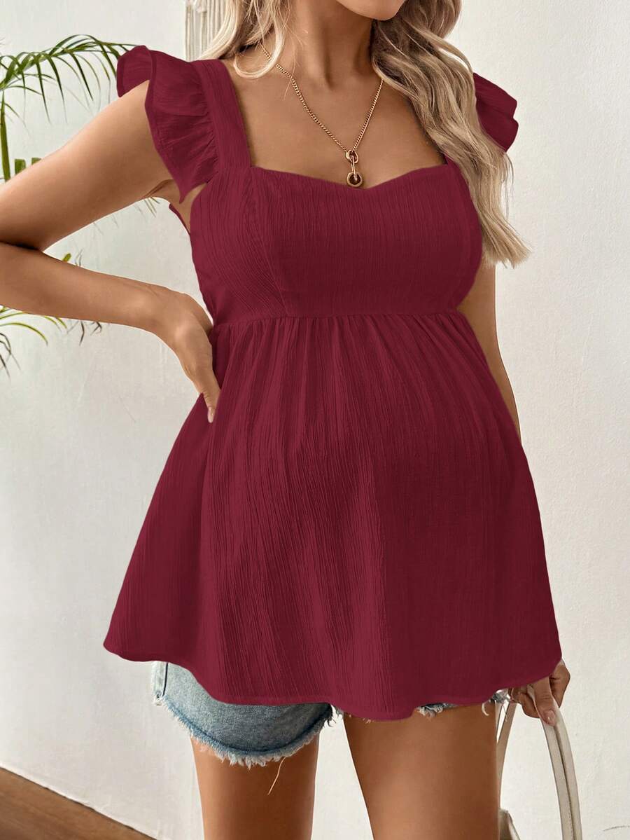 Maternity Summer Casual Textured Peplum Shirt with Ruffle Trim Sleeveless Baby Blue Flared Maternity Top