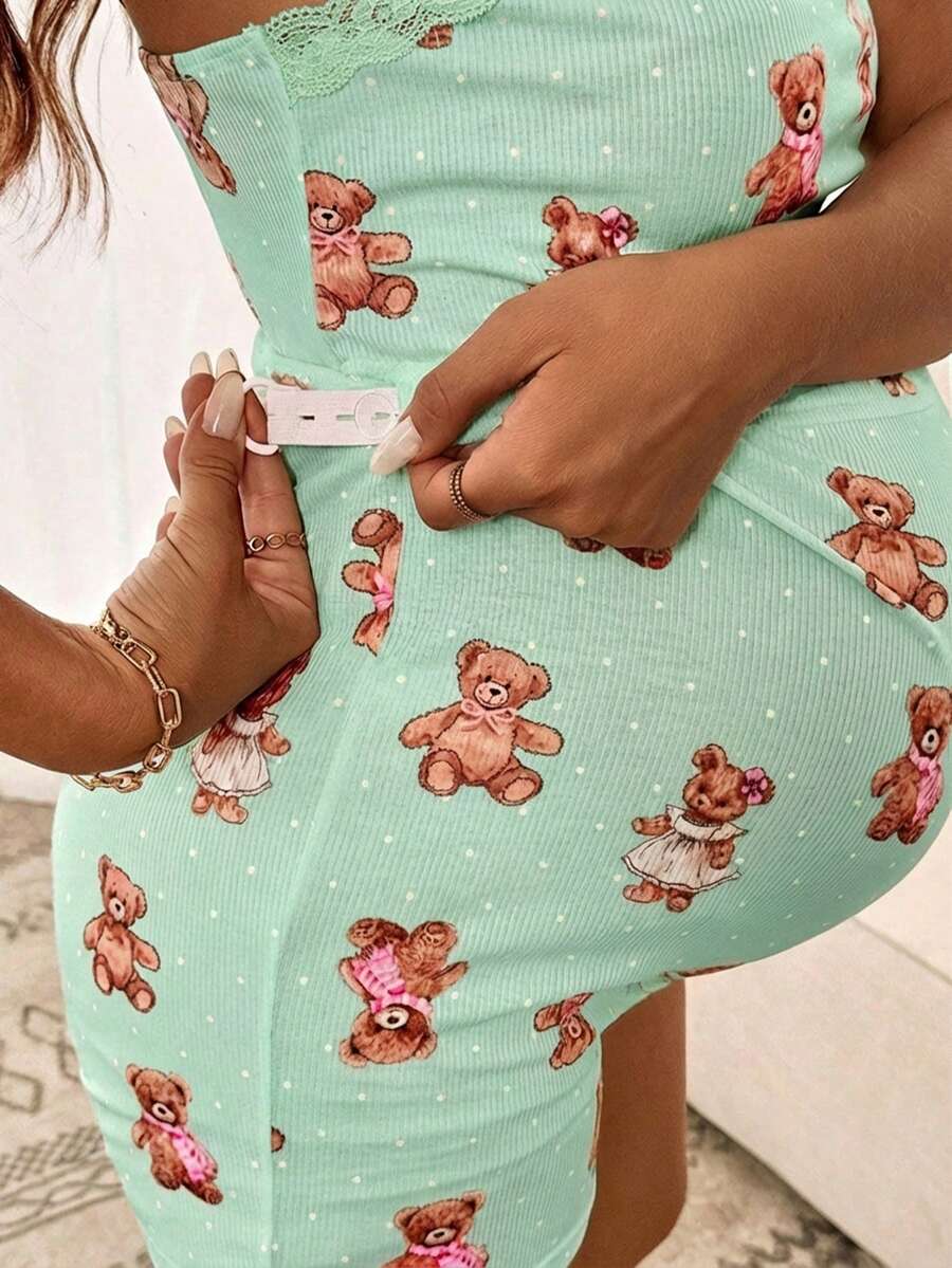 Maternity 2 Piece Contrast Lace Cute Bear Camisole and Adjustable Waist Shorts Set Slim Fit Knitted Casual Summer Beach Outfit