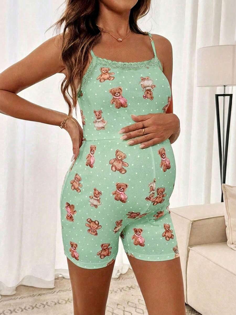 Teddy Bear & Polka Dot Print Maternity 2-Piece Cami Set - Lace Trim Ruffle Crop Top & Shorts Set with Cold Shoulder Detail