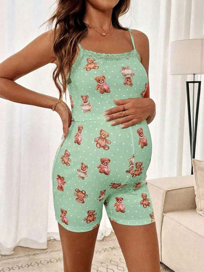 Teddy Bear & Polka Dot Print Maternity 2-Piece Cami Set - Lace Trim Ruffle Crop Top & Shorts Set with Cold Shoulder Detail