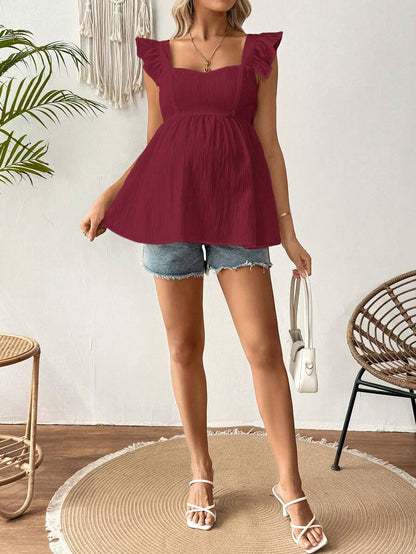 Maternity Summer Casual Textured Peplum Shirt with Ruffle Trim Sleeveless Baby Blue Flared Maternity Top