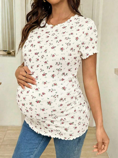 Maternity Ditsy Floral T-Shirt - Round Neck Casual Everyday Soft, Pregnancy Spring Summer