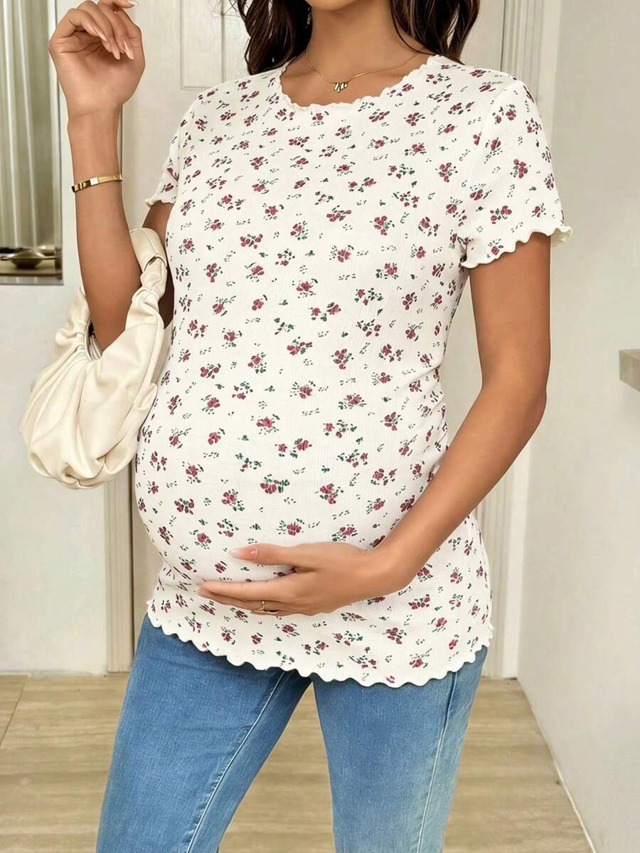 Maternity Ditsy Floral T-Shirt - Round Neck Casual Everyday Soft, Pregnancy Spring Summer