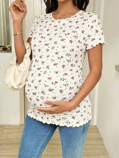 Maternity Ditsy Floral T-Shirt - Round Neck Casual Everyday Soft, Pregnancy Spring Summer