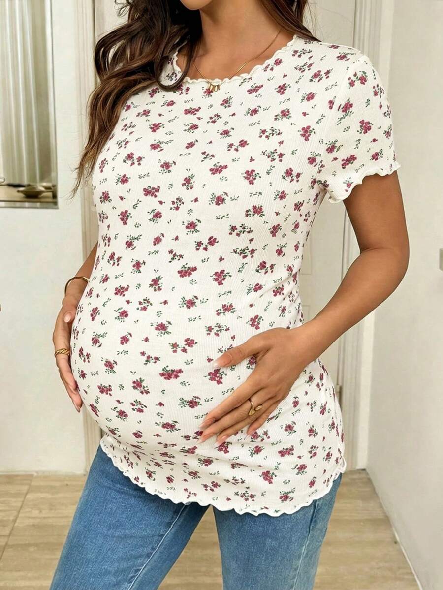 Maternity Ditsy Floral T-Shirt - Round Neck Casual Everyday Soft, Pregnancy Spring Summer