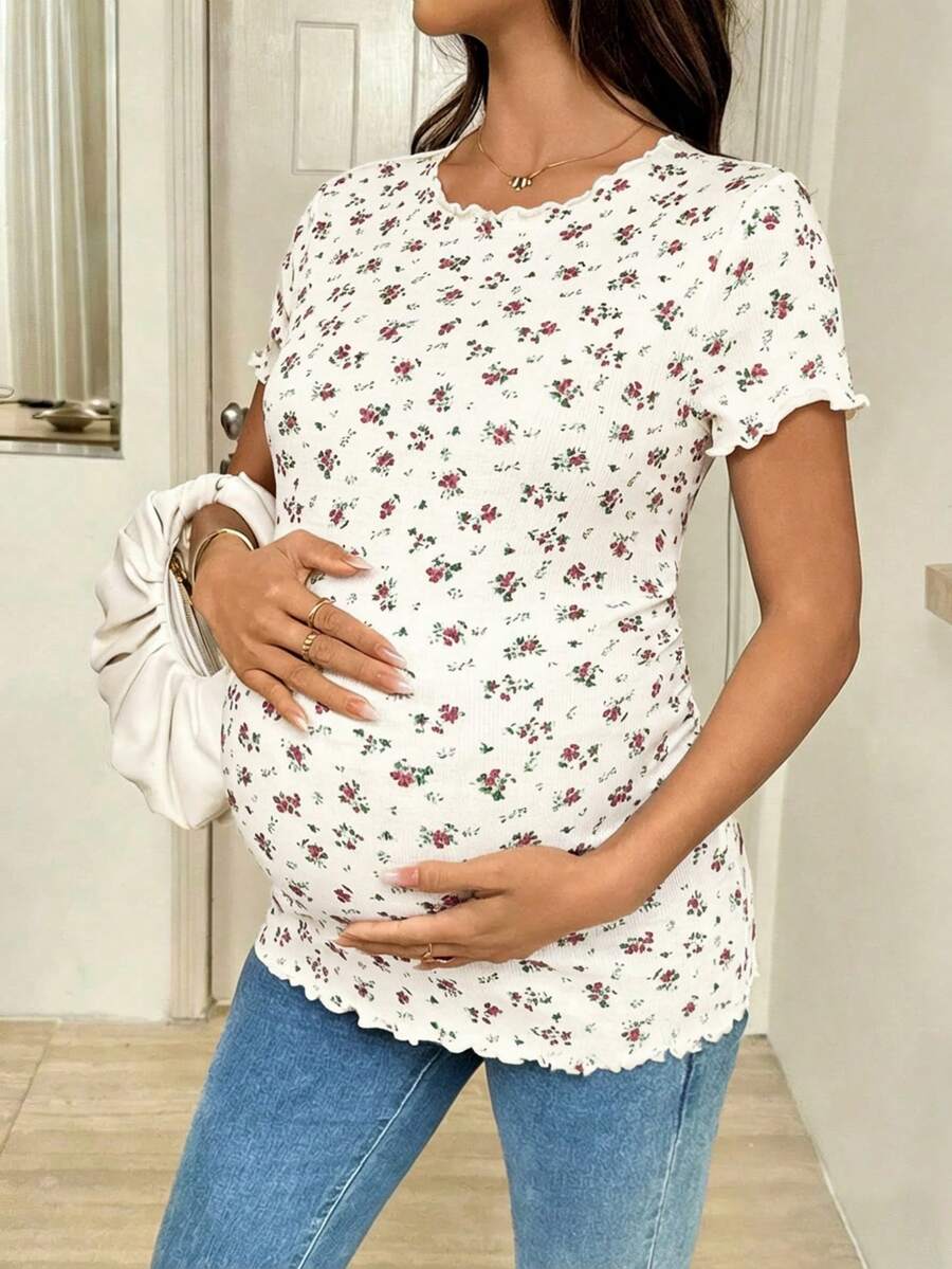 Maternity Ditsy Floral T-Shirt - Round Neck Casual Everyday Soft, Pregnancy Spring Summer