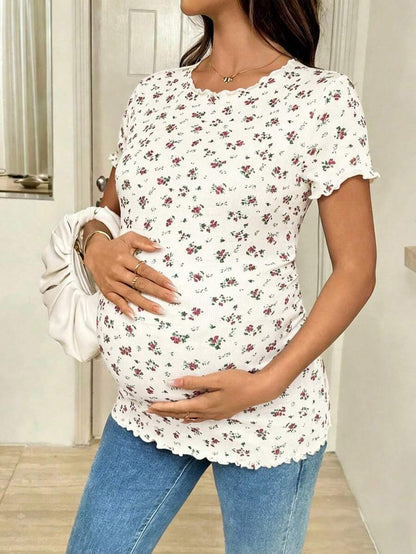 Maternity Ditsy Floral T-Shirt - Round Neck Casual Everyday Soft, Pregnancy Spring Summer