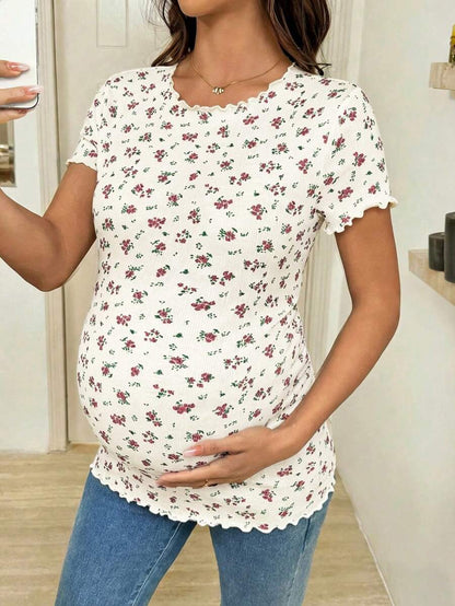 Maternity Ditsy Floral T-Shirt - Round Neck Casual Everyday Soft, Pregnancy Spring Summer