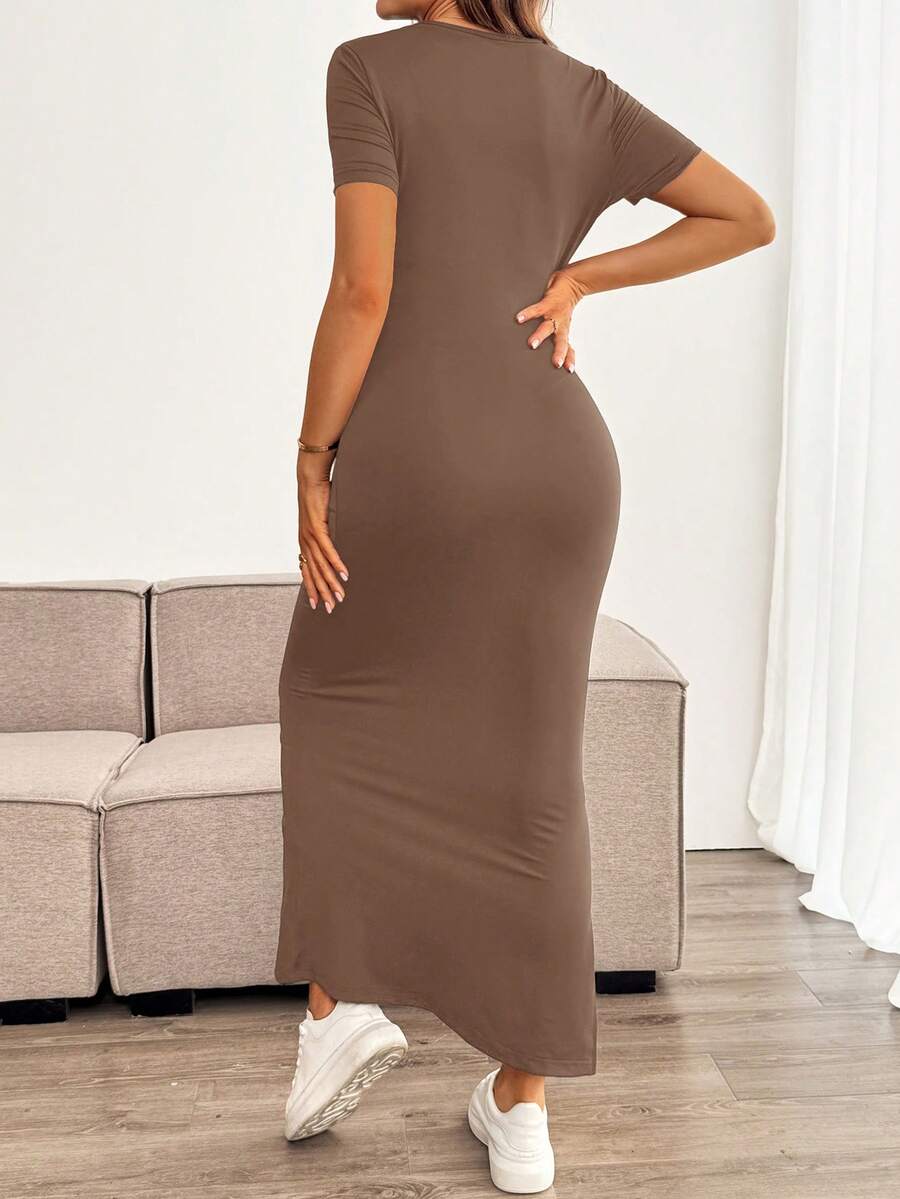 Maternity Bodycon Long Dress - Round Neck, Short Sleeve, Slim Fit, Pencil Hem, Army Green