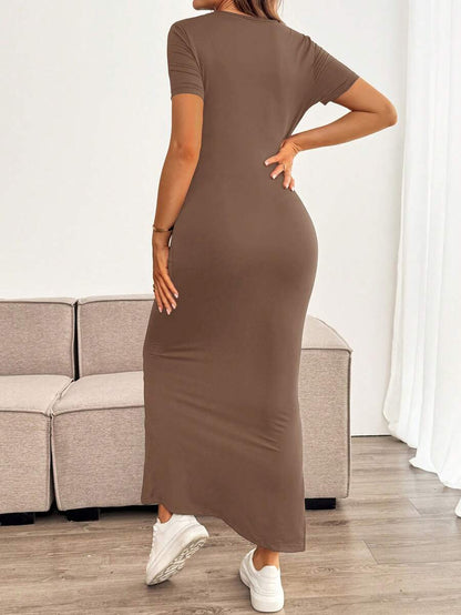 Maternity Bodycon Long Dress - Round Neck, Short Sleeve, Slim Fit, Pencil Hem, Army Green