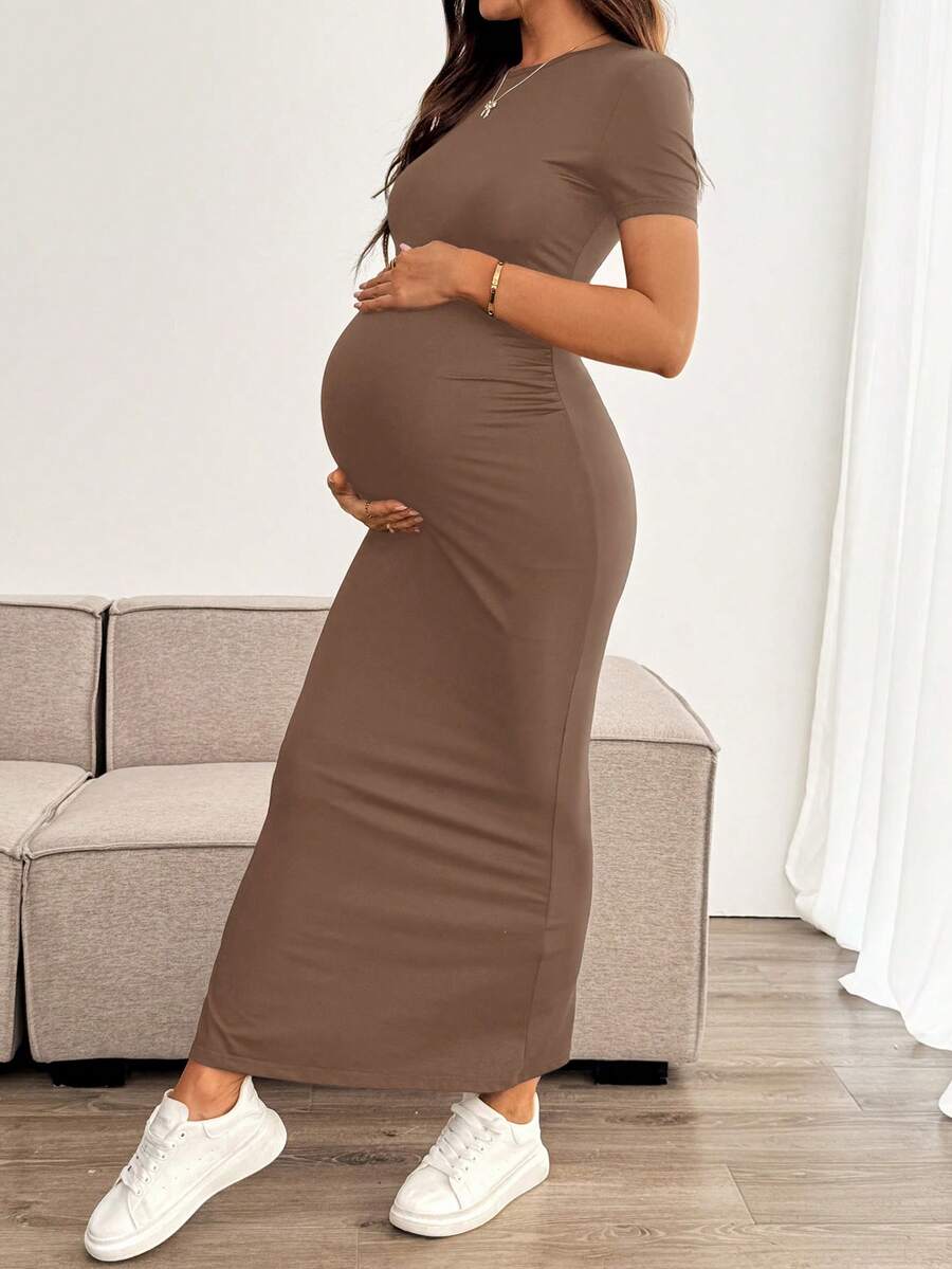 Maternity Bodycon Long Dress - Round Neck, Short Sleeve, Slim Fit, Pencil Hem, Army Green