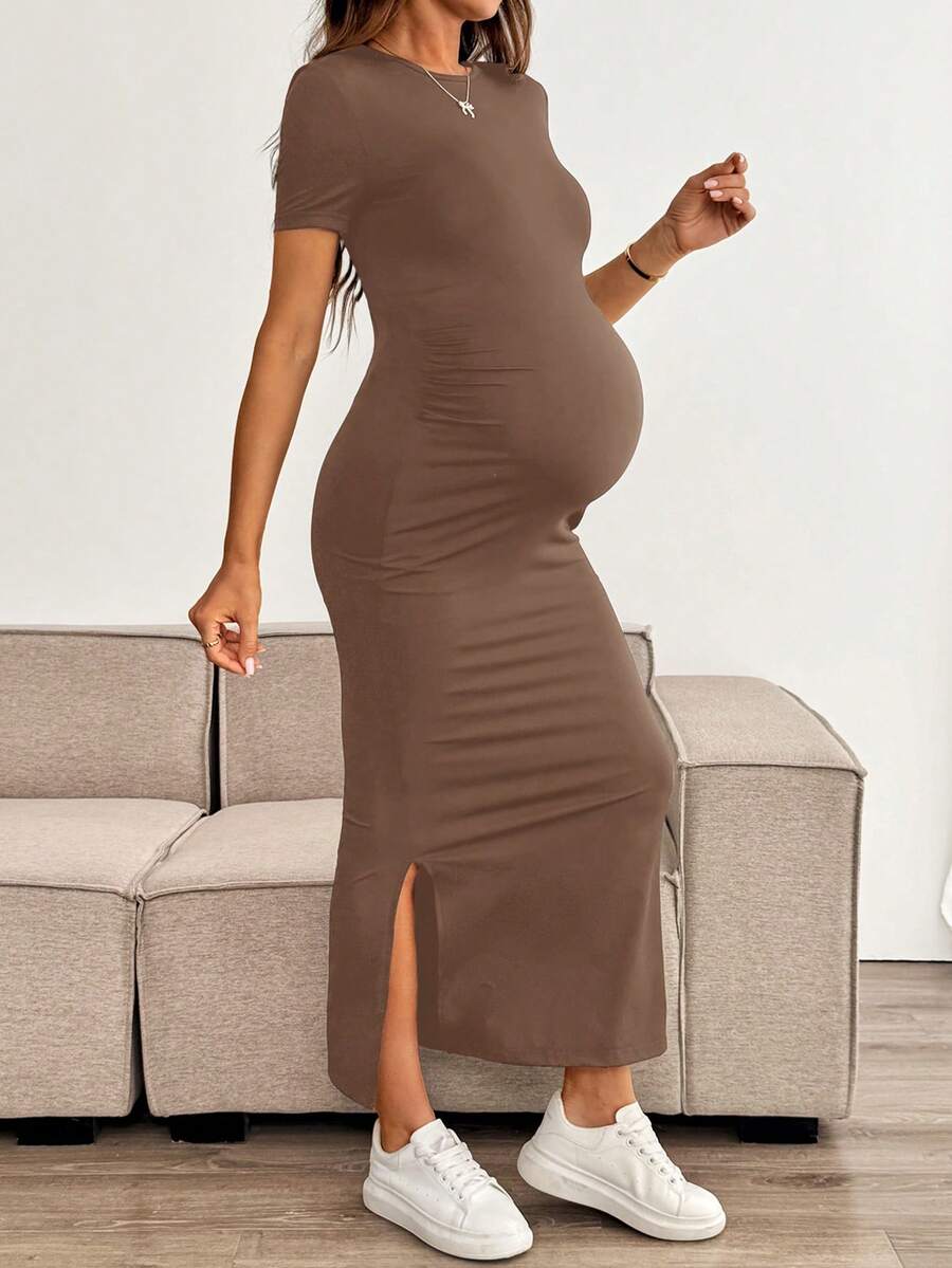 Maternity Bodycon Long Dress - Round Neck, Short Sleeve, Slim Fit, Pencil Hem, Army Green