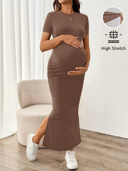 Maternity Bodycon Long Dress - Round Neck, Short Sleeve, Slim Fit, Pencil Hem, Army Green