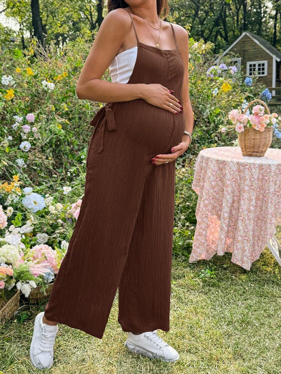 Black Solid Spaghetti Strap Maternity Jumpsuit – Loose Fit Side Knot Sleeveless Romper for Beach, Casual Everyday & Summer Travel