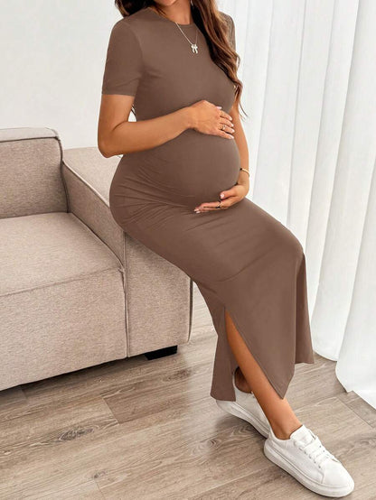 Maternity Bodycon Long Dress - Round Neck, Short Sleeve, Slim Fit, Pencil Hem, Army Green