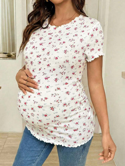 Maternity Ditsy Floral T-Shirt - Round Neck Casual Everyday Soft, Pregnancy Spring Summer
