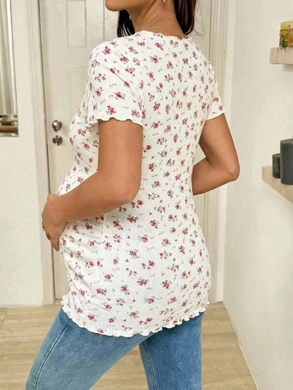 Maternity Ditsy Floral T-Shirt - Round Neck Casual Everyday Soft, Pregnancy Spring Summer