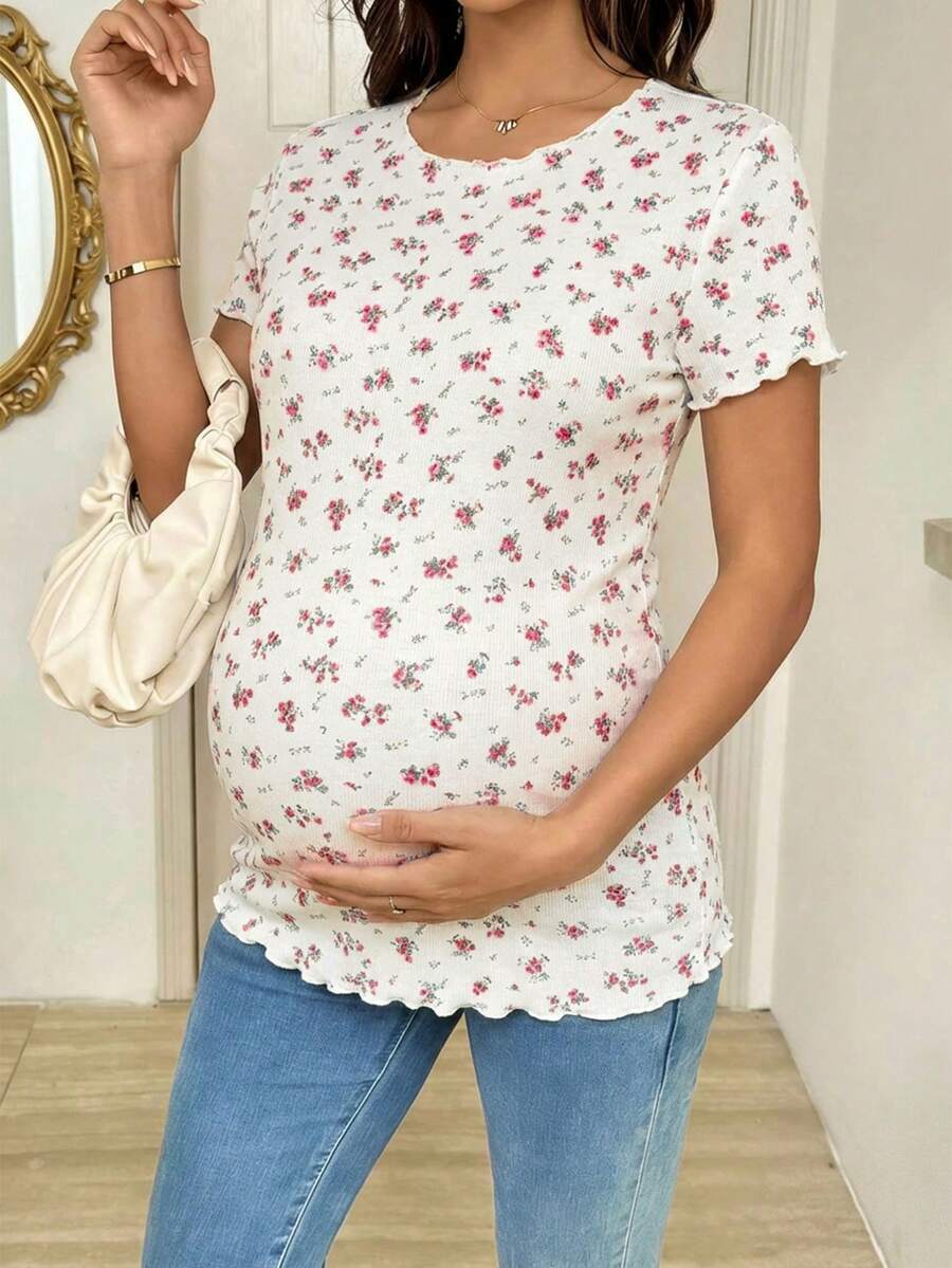 Maternity Ditsy Floral T-Shirt - Round Neck Casual Everyday Soft, Pregnancy Spring Summer