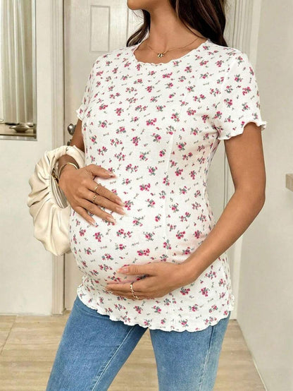Maternity Ditsy Floral T-Shirt - Round Neck Casual Everyday Soft, Pregnancy Spring Summer