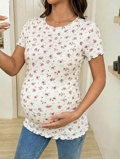 Maternity Ditsy Floral T-Shirt - Round Neck Casual Everyday Soft, Pregnancy Spring Summer