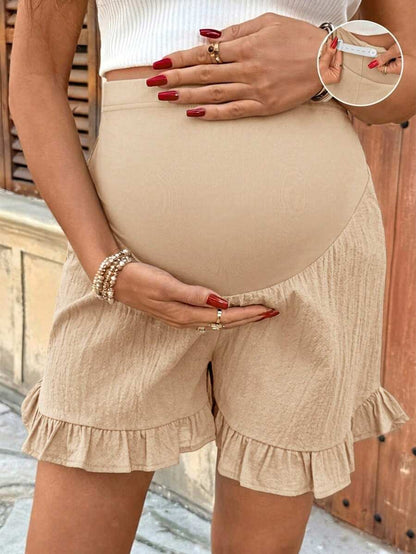 Maternity High Waist Textured Shorts - Patchwork Ruffle Hem Summer Wear