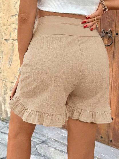 Maternity Black Ruffle Hem Casual Shorts with Adjustable Elastic Waist, 100% Cotton Loose Fit Pregnancy Beach Shorts for Summer
