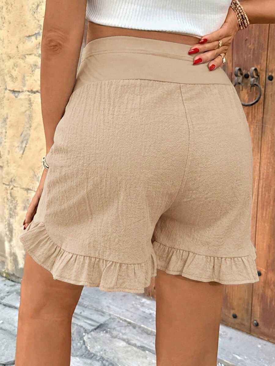 Maternity High Waist Textured Shorts - Patchwork Ruffle Hem Summer Wear