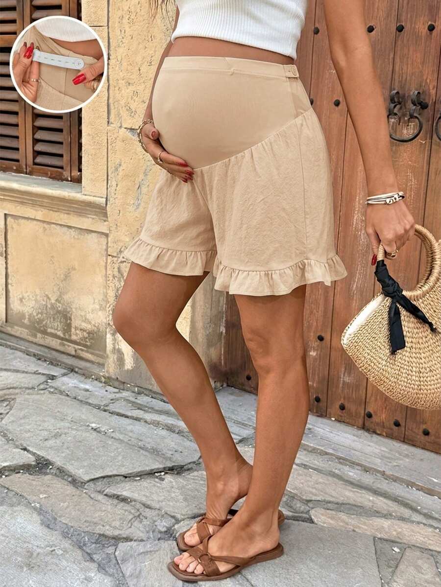Maternity High Waist Textured Shorts - Patchwork Ruffle Hem Summer Wear