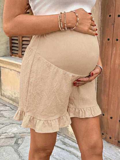 Maternity High Waist Textured Shorts - Patchwork Ruffle Hem Summer Wear