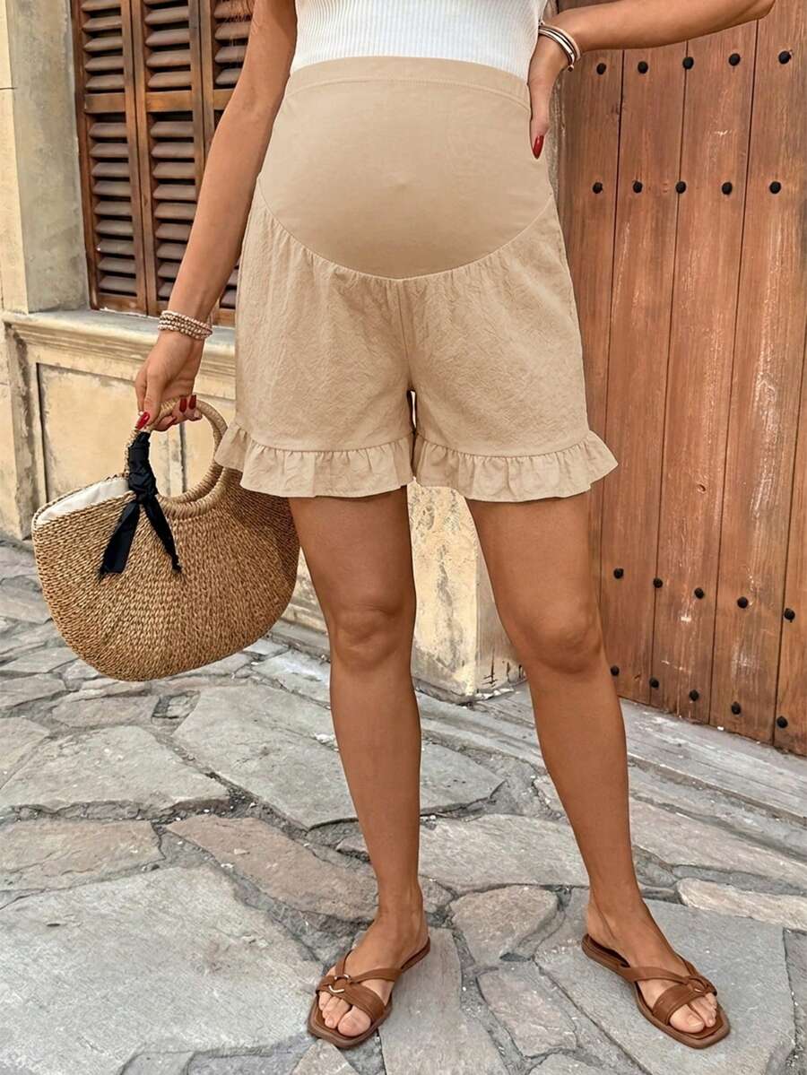Maternity High Waist Textured Shorts - Patchwork Ruffle Hem Summer Wear