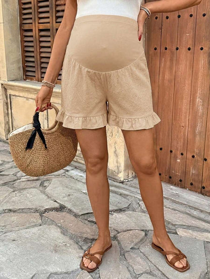 Maternity Black Ruffle Hem Casual Shorts with Adjustable Elastic Waist, 100% Cotton Loose Fit Pregnancy Beach Shorts for Summer